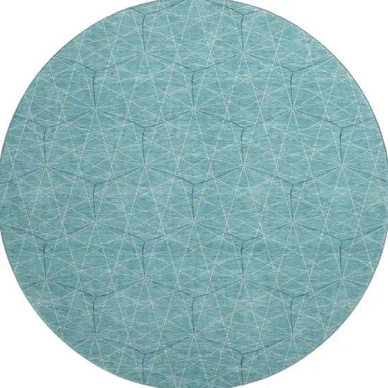 8' Teal And Ivory Geometric Washable Round Rug With UV Protection Photo 2