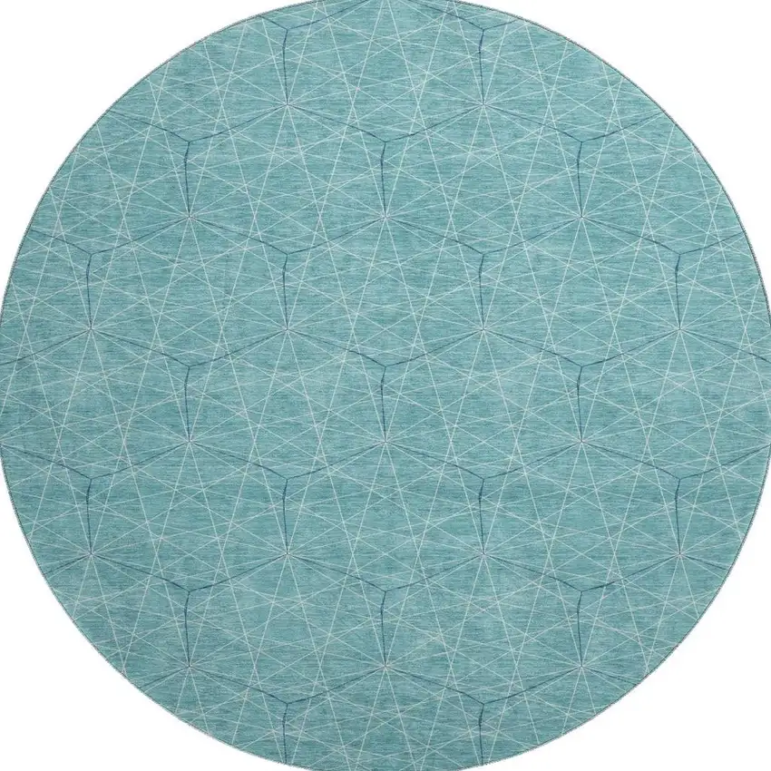 8' Teal And Ivory Geometric Washable Round Rug With UV Protection Photo 2