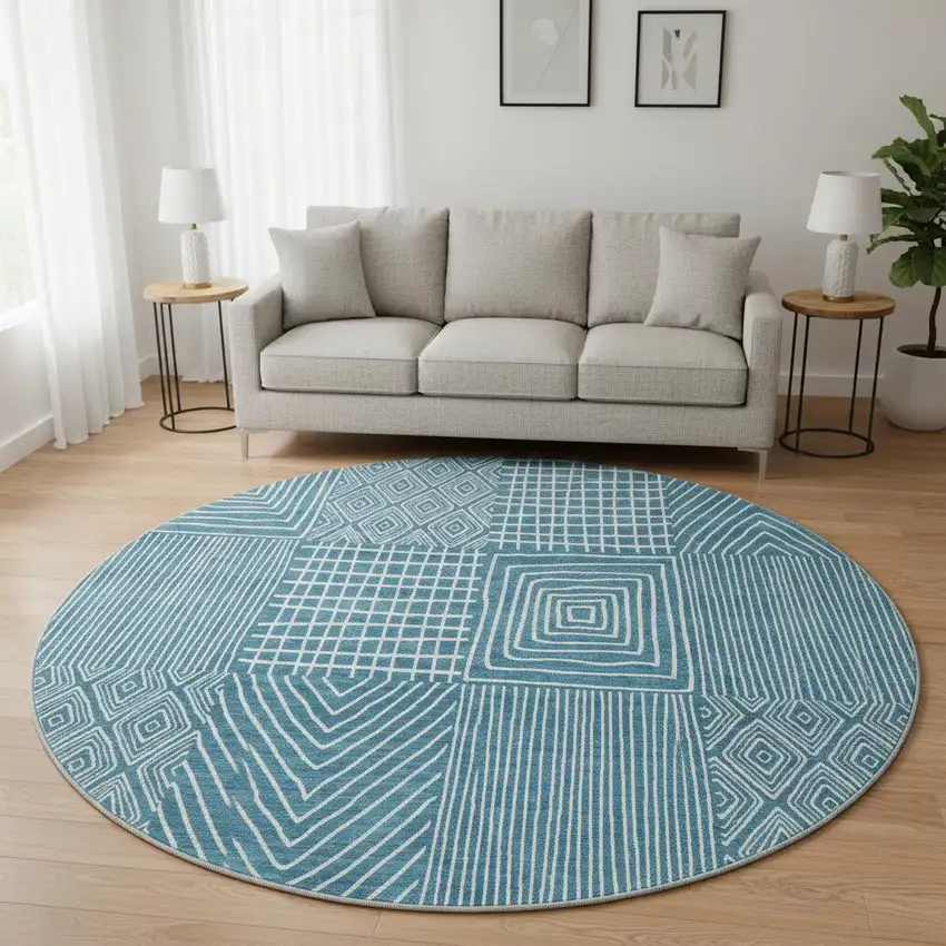 8' Teal And Ivory Geometric Washable Round Rug With UV Protection Photo 2