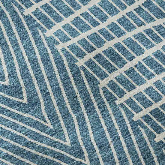 8' Teal And Ivory Geometric Washable Round Rug With UV Protection Photo 8