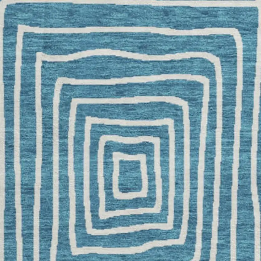 8' Teal And Ivory Geometric Washable Round Rug With UV Protection Photo 2