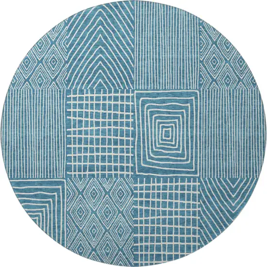 8' Teal And Ivory Geometric Washable Round Rug With UV Protection Photo 3