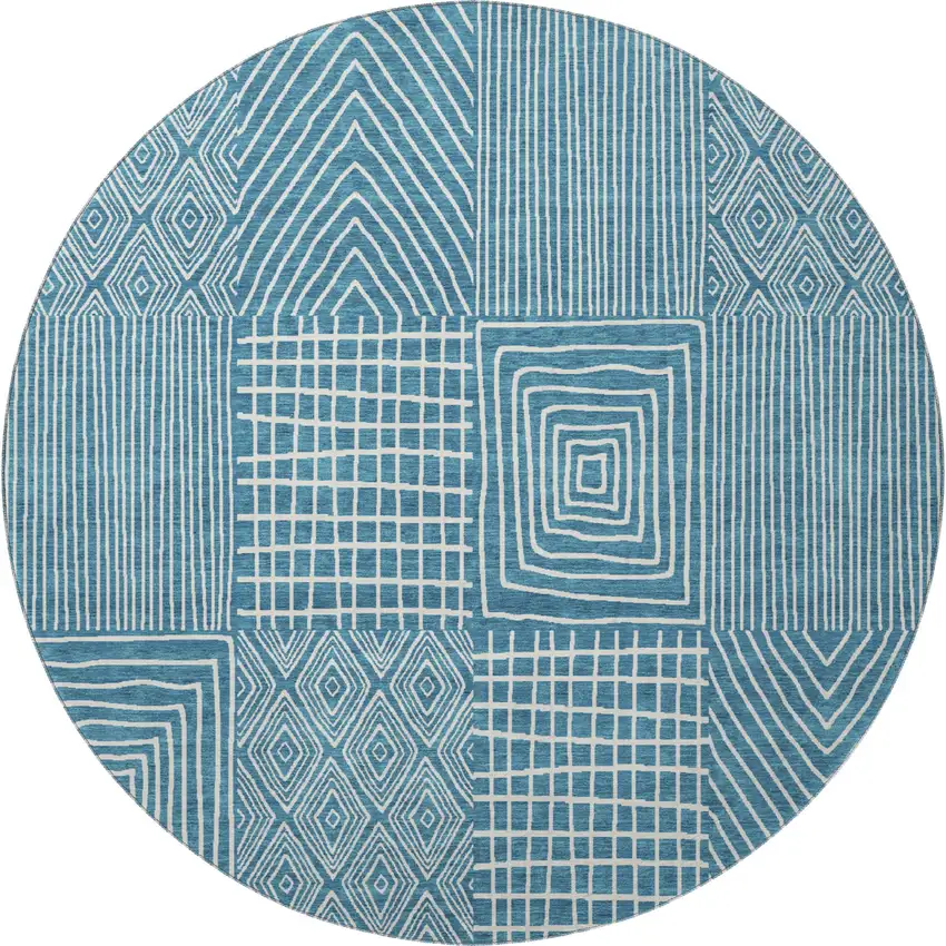 8' Teal And Ivory Geometric Washable Round Rug With UV Protection Photo 3