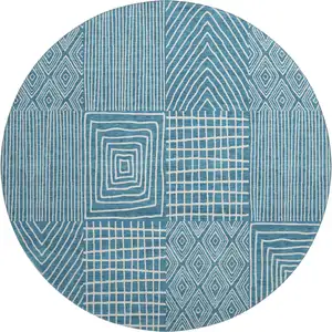 Photo of 8' Teal And Ivory Geometric Washable Round Rug With UV Protection