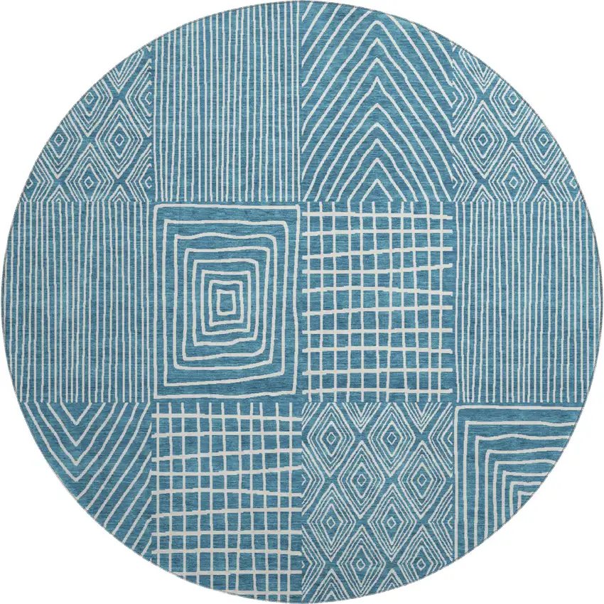 8' Teal And Ivory Geometric Washable Round Rug With UV Protection Photo 1