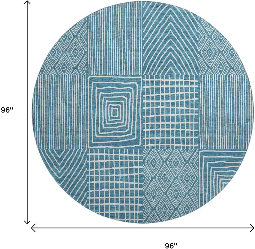 8' Teal And Ivory Geometric Washable Round Rug With UV Protection Photo 9