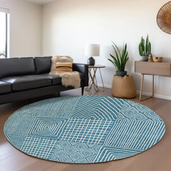 8' Teal And Ivory Geometric Washable Round Rug With UV Protection Photo 4