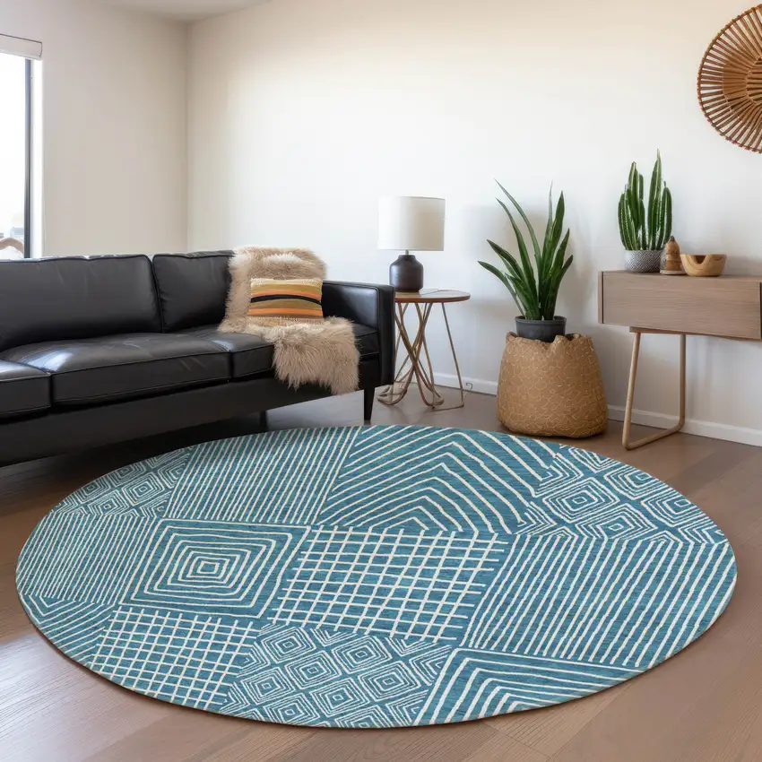 8' Teal And Ivory Geometric Washable Round Rug With UV Protection Photo 4