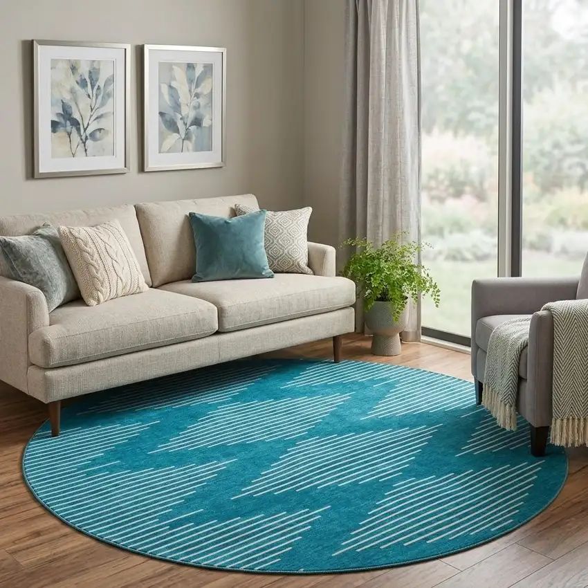 8' Teal And Ivory Geometric Washable Round Rug With UV Protection Photo 1