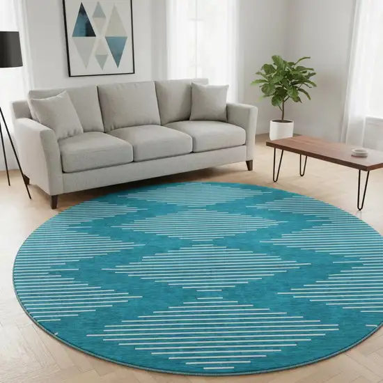 8' Teal And Ivory Geometric Washable Round Rug With UV Protection Photo 2