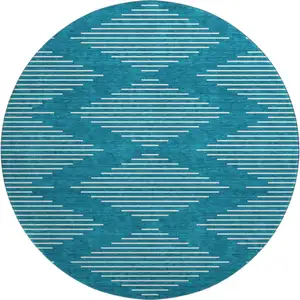 Photo of 8' Teal And Ivory Geometric Washable Round Rug With UV Protection