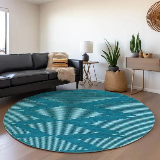 8' Teal And Ivory Geometric Washable Round Rug With UV Protection Photo 4