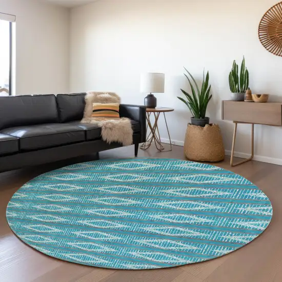 8' Teal And Ivory Geometric Washable Round Rug With UV Protection Photo 4