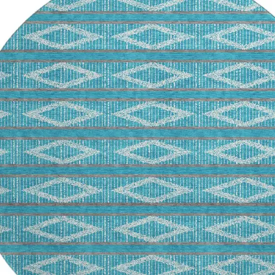 8' Teal And Ivory Geometric Washable Round Rug With UV Protection Photo 2