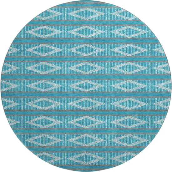8' Teal And Ivory Geometric Washable Round Rug With UV Protection Photo 1