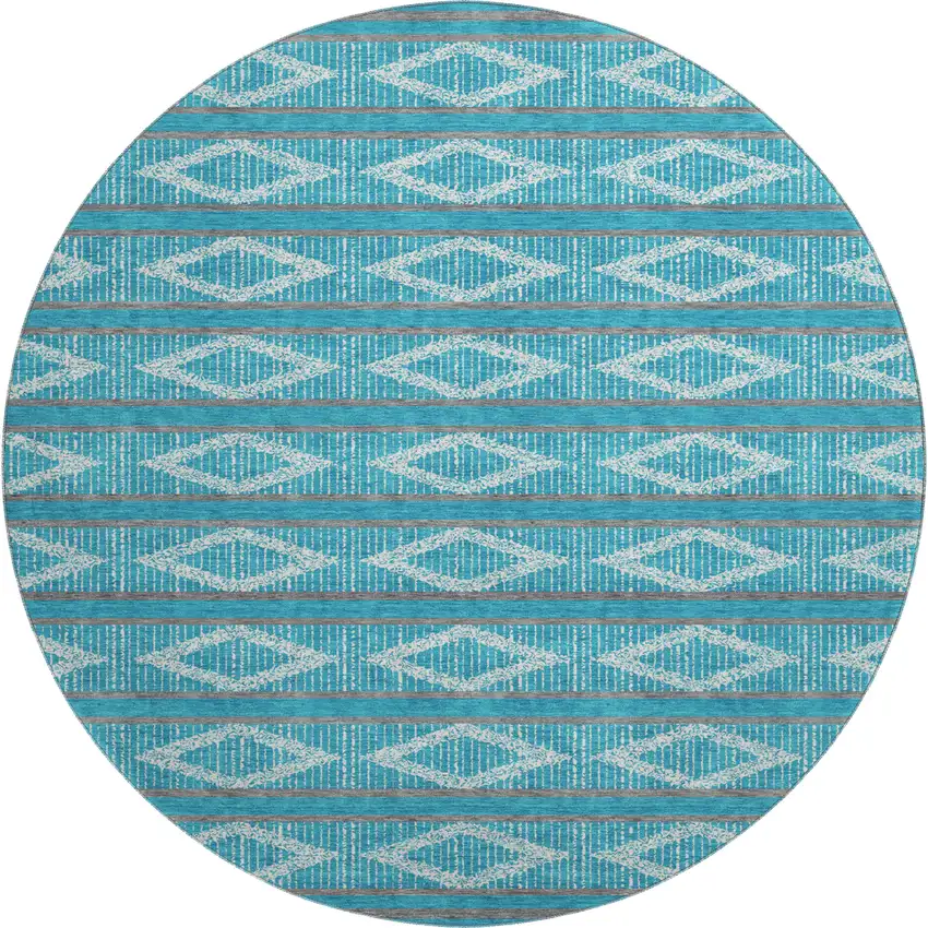 8' Teal And Ivory Geometric Washable Round Rug With UV Protection Photo 1