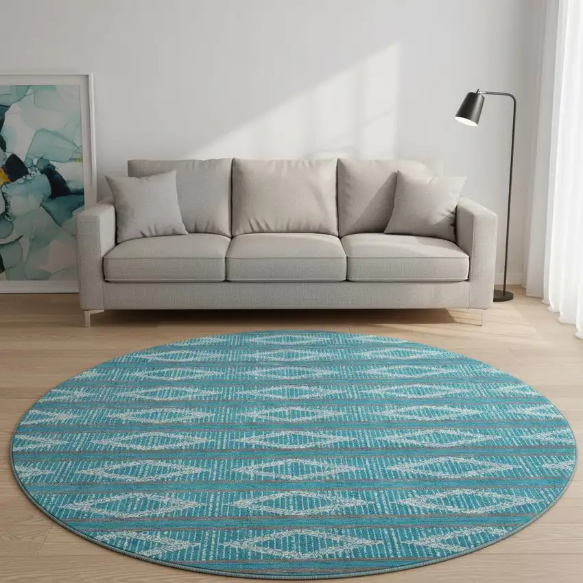 8' Teal And Ivory Geometric Washable Round Rug With UV Protection Photo 2