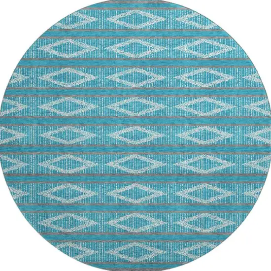 8' Teal And Ivory Geometric Washable Round Rug With UV Protection Photo 3