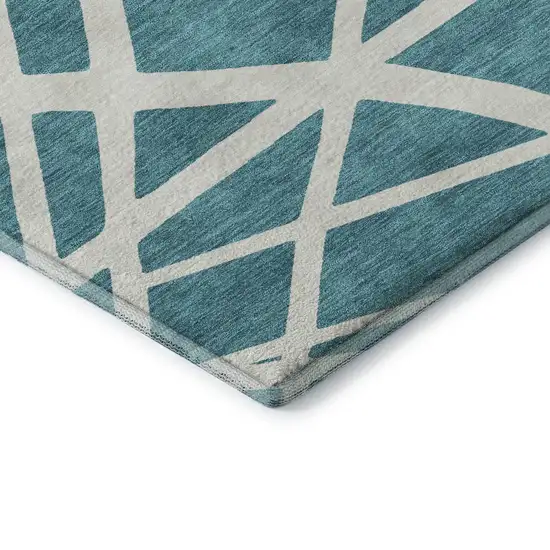 8' Teal And Ivory Geometric Washable Round Rug With UV Protection Photo 6