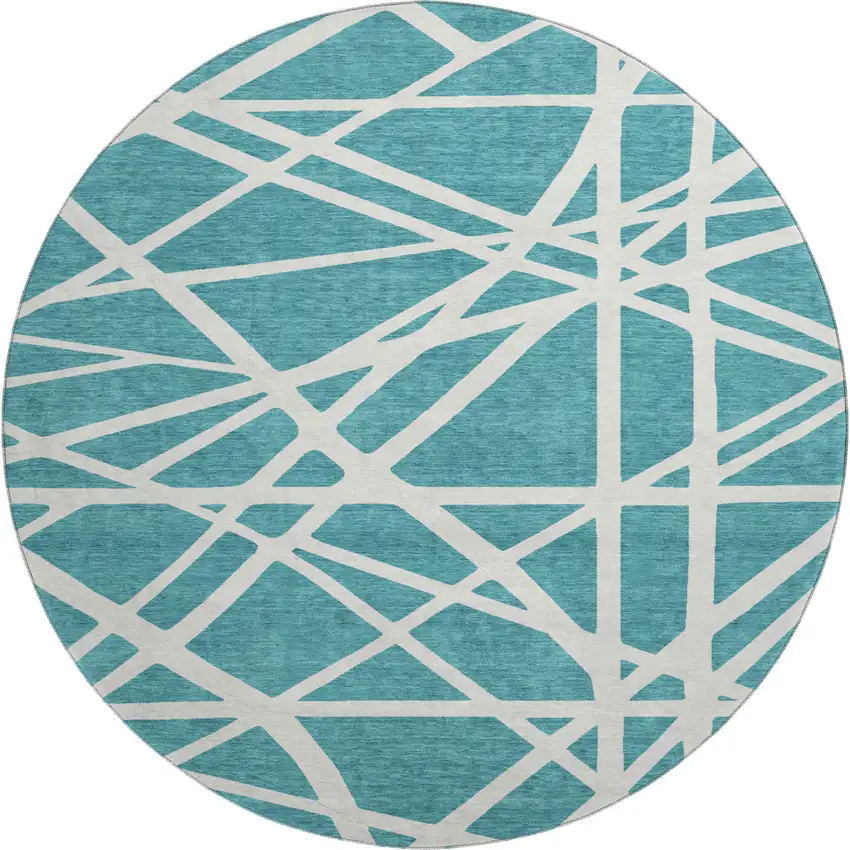 8' Teal And Ivory Geometric Washable Round Rug With UV Protection Photo 1