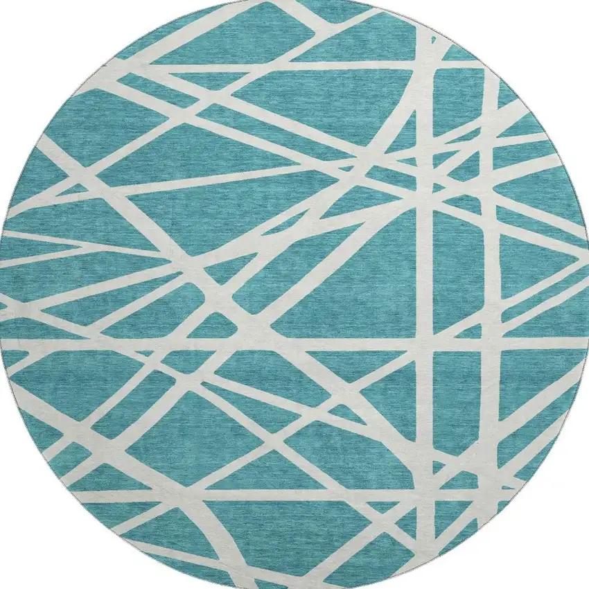 8' Teal And Ivory Geometric Washable Round Rug With UV Protection Photo 2