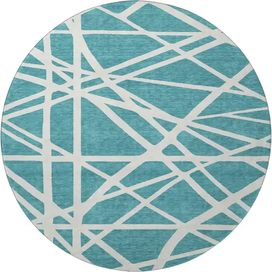 8' Teal And Ivory Geometric Washable Round Rug With UV Protection Photo 3