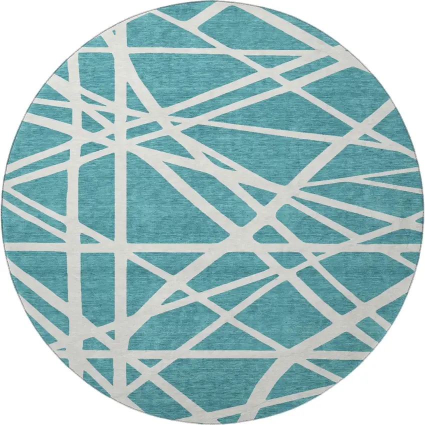 8' Teal And Ivory Geometric Washable Round Rug With UV Protection Photo 3