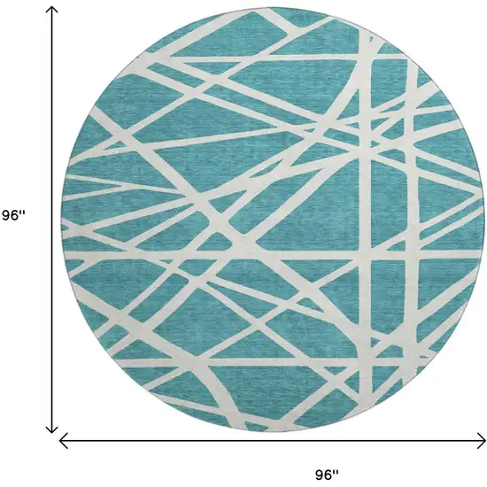 8' Teal And Ivory Geometric Washable Round Rug With UV Protection Photo 9