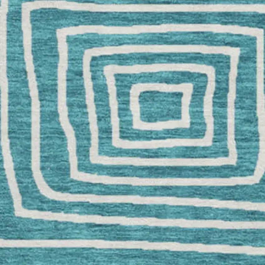 8' Teal And Ivory Geometric Washable Round Rug With UV Protection Photo 2