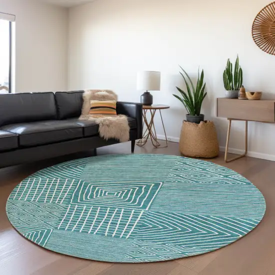 8' Teal And Ivory Geometric Washable Round Rug With UV Protection Photo 4