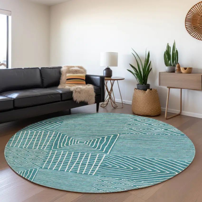 8' Teal And Ivory Geometric Washable Round Rug With UV Protection Photo 4