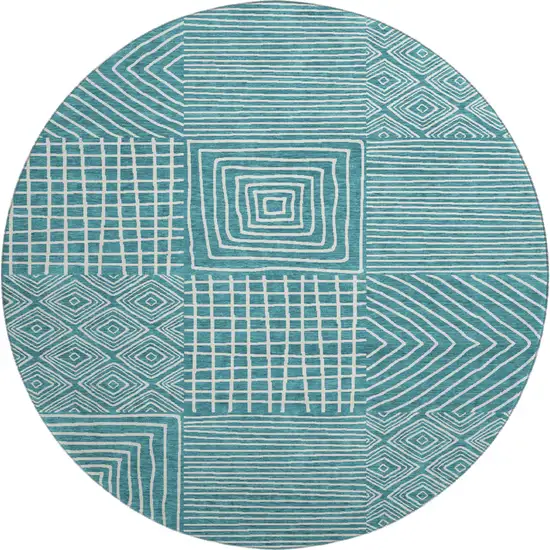8' Teal And Ivory Geometric Washable Round Rug With UV Protection Photo 1