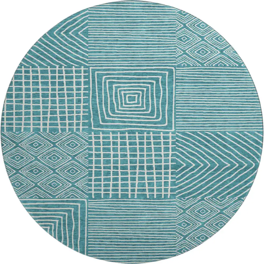 8' Teal And Ivory Geometric Washable Round Rug With UV Protection Photo 1