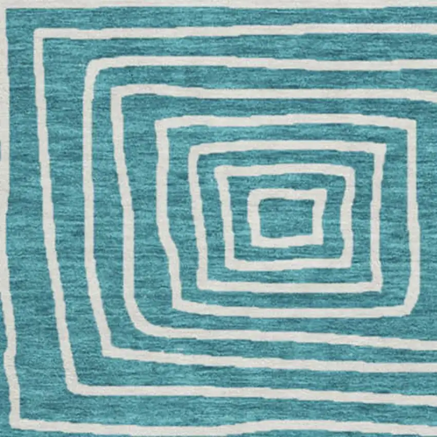 8' Teal And Ivory Geometric Washable Round Rug With UV Protection Photo 3