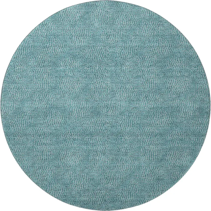 8' Teal And Ivory Geometric Washable Round Rug With UV Protection Photo 2