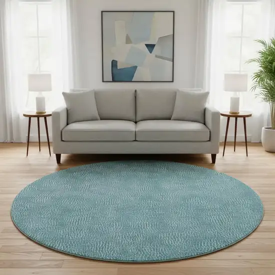 8' Teal And Ivory Geometric Washable Round Rug With UV Protection Photo 2