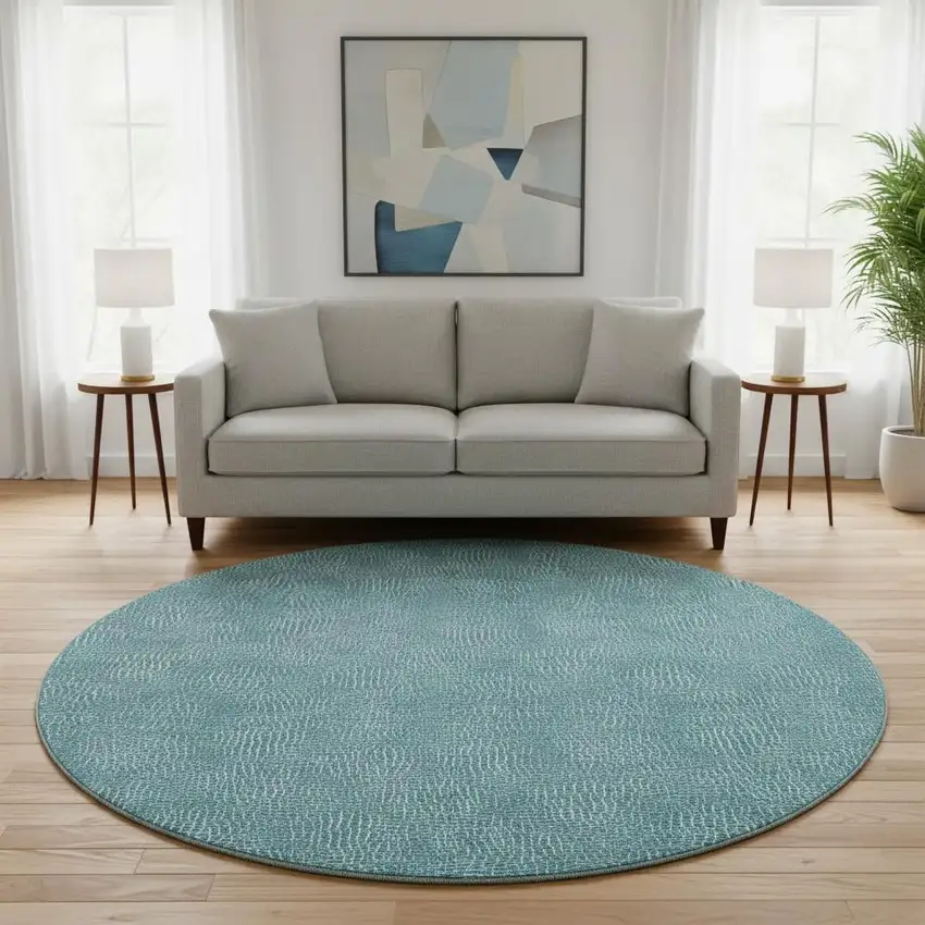 8' Teal And Ivory Geometric Washable Round Rug With UV Protection Photo 2
