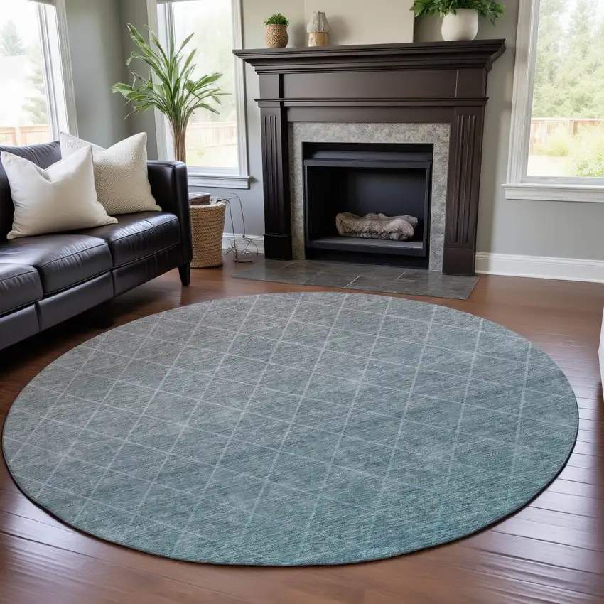 8' Teal And Ivory Geometric Washable Round Rug With UV Protection Photo 4