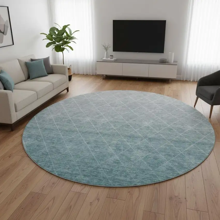 8' Teal And Ivory Geometric Washable Round Rug With UV Protection Photo 2