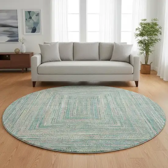 8' Teal And Ivory Geometric Washable Round Rug With UV Protection Photo 2