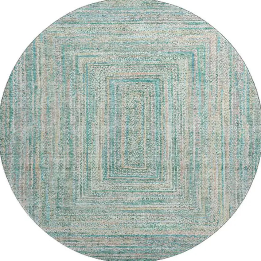 8' Teal And Ivory Geometric Washable Round Rug With UV Protection Photo 2
