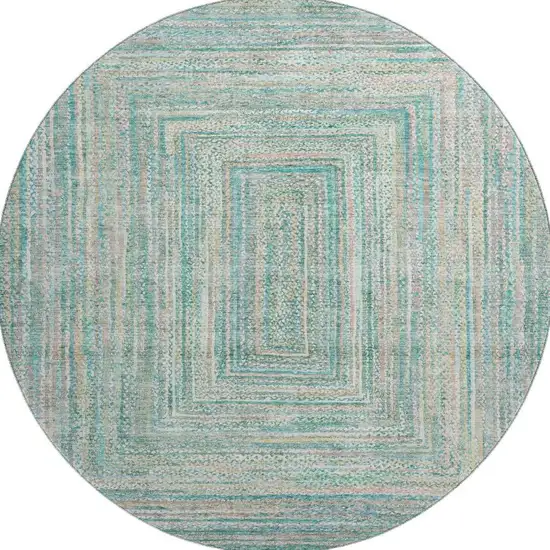 8' Teal And Ivory Geometric Washable Round Rug With UV Protection Photo 2
