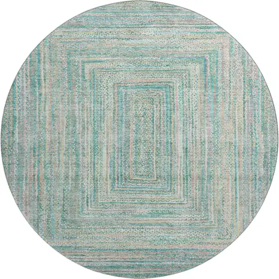 8' Teal And Ivory Geometric Washable Round Rug With UV Protection Photo 1