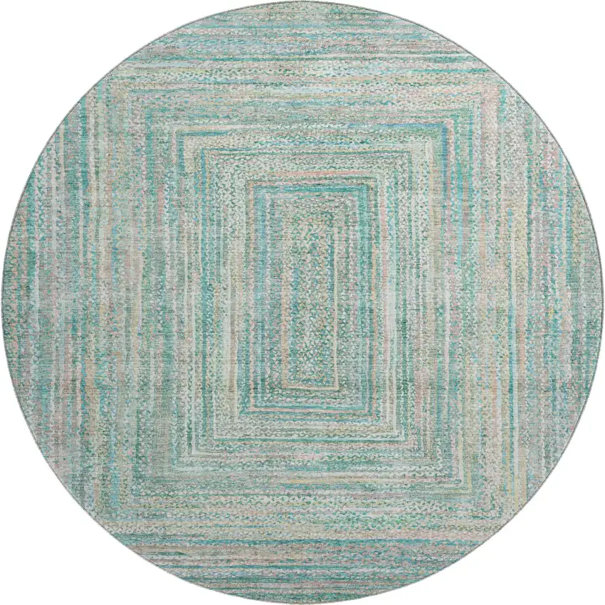 8' Teal And Ivory Geometric Washable Round Rug With UV Protection Photo 1
