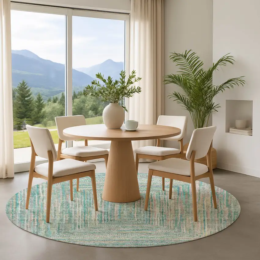 8' Teal And Ivory Geometric Washable Round Rug With UV Protection Photo 4