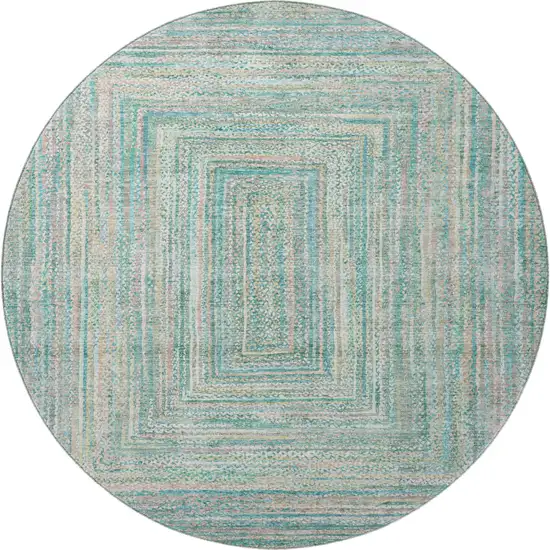 8' Teal And Ivory Geometric Washable Round Rug With UV Protection Photo 3