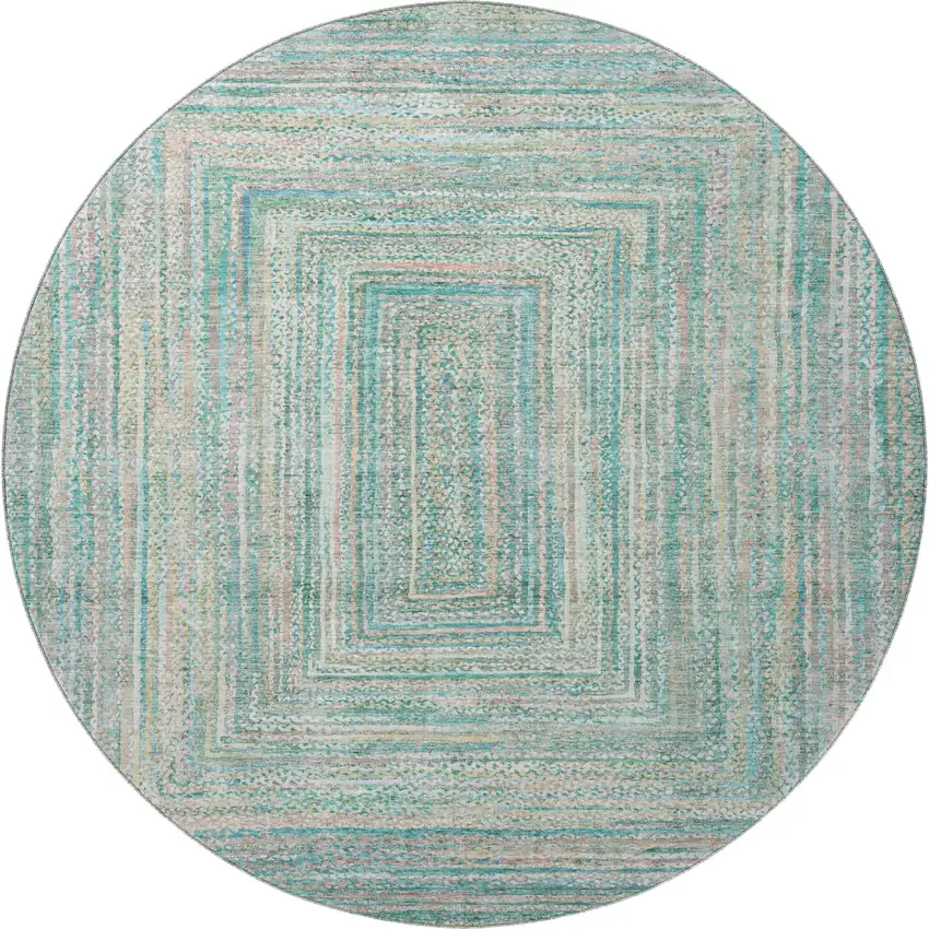 8' Teal And Ivory Geometric Washable Round Rug With UV Protection Photo 3