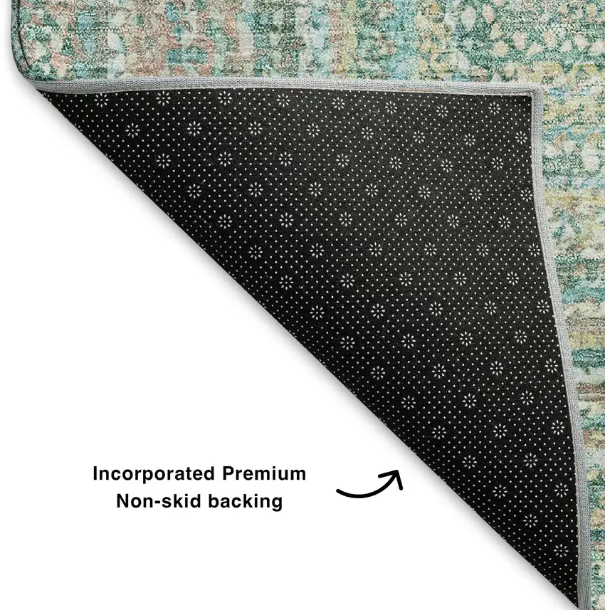 8' Teal And Ivory Geometric Washable Round Rug With UV Protection Photo 5