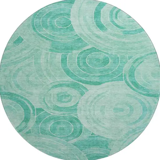 8' Teal And Ivory Geometric Washable Round Rug With UV Protection Photo 3