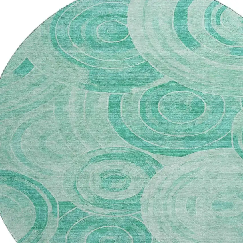 8' Teal And Ivory Geometric Washable Round Rug With UV Protection Photo 2